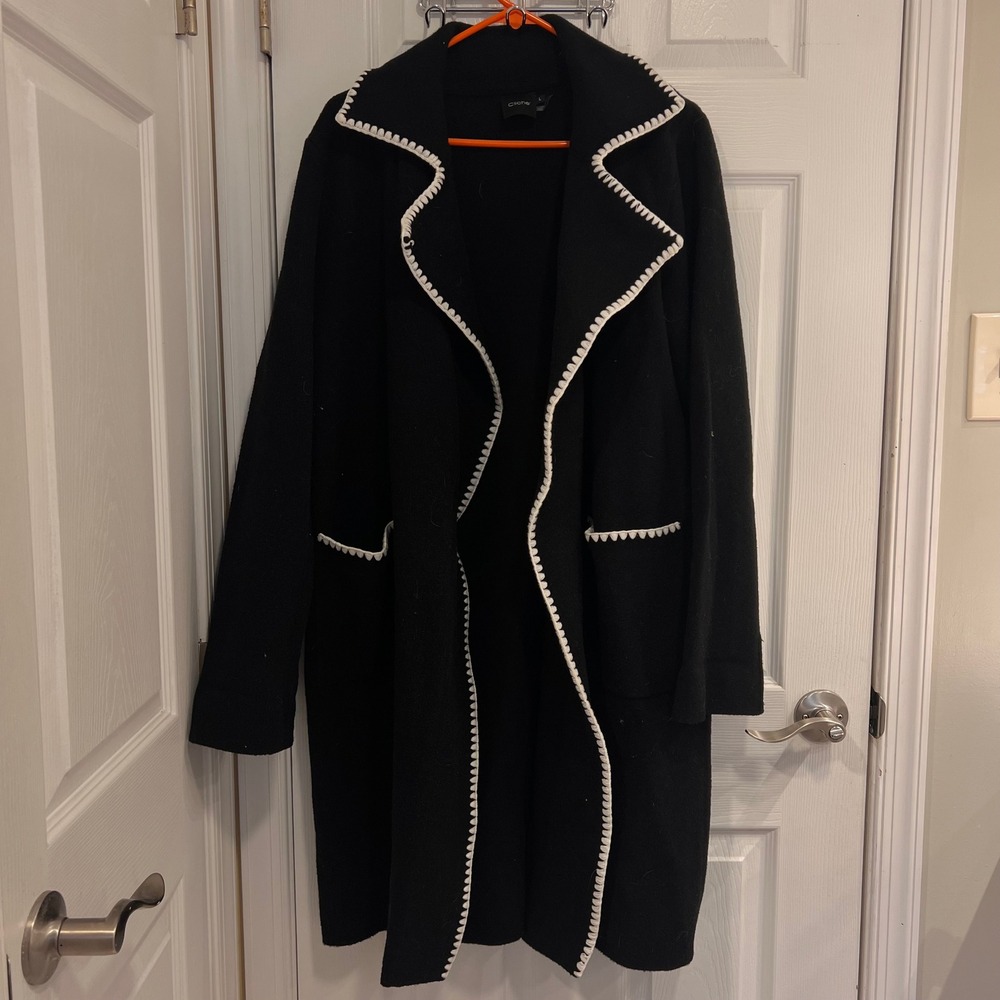 Cliche Black Open Front Coat with White Trim